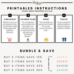 May include: A colorful graphic with instructions for using printable digital downloads. The graphic includes a shopping cart, a download icon, a printer, and two stick figures. The text includes "Checkout", "Access Files", "Print", "Teach", "Bundle & Save", and "Buy 2 Items Save 10%", "Buy 3 Items Save 15%", "Buy 4 Items Save 20%", "Buy 5 Items Save 30%".