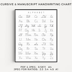 Alphabet Handwriting Poster | Cursive Manuscript ABC Chart | Printable Homeschool Resources | US Letter  A1-A4 | Writing Chart | Poster Size