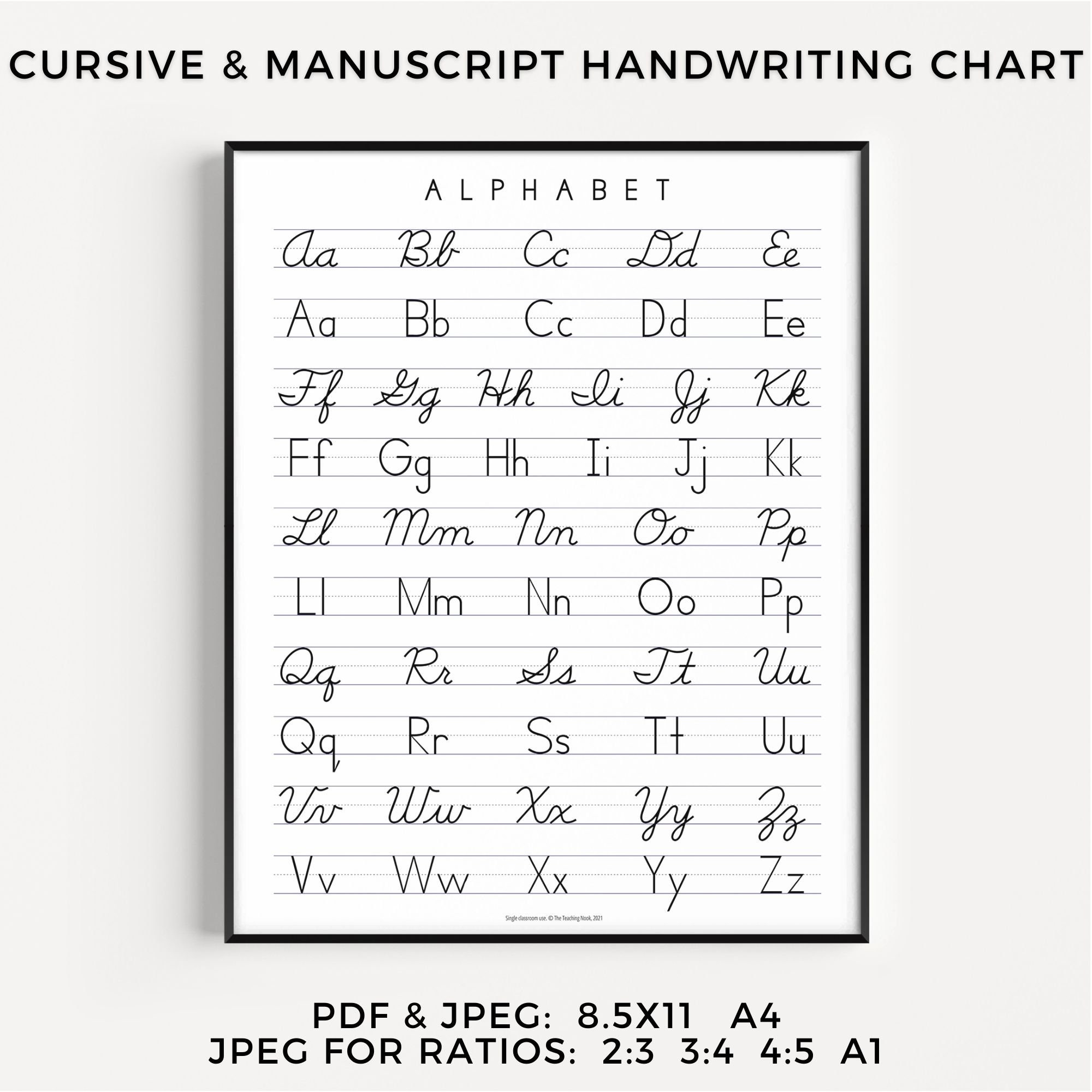 Alphabet Handwriting Poster Cursive Manuscript ABC Chart Printable  Homeschool Resources US Letter A1-A4 Writing Chart Poster Size 