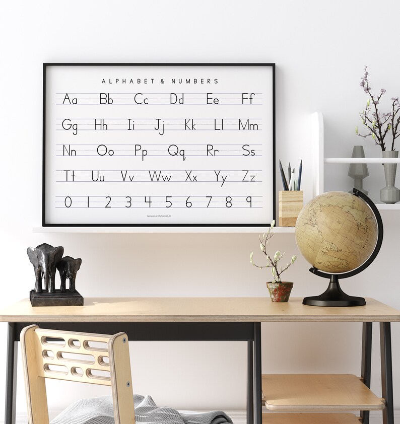 May include: A black framed poster with the alphabet and numbers printed in black on a white background. The poster is hanging on a white wall above a wooden desk with a globe, a small potted plant, and a small elephant figurine.