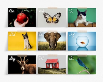 Flashcards de photo d'alphabet cursif | Cartes de lettres ABC imprimables | Ressources de lecture | Décor d'école à la maison | Tableau phonétique Montessori | JPEG PDF