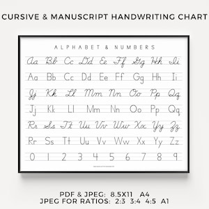 筆記体と写本印刷の手書き表 | 横向き印刷可能なアルファベット ABC ポスター | 1 年生、2 年生、3 年生向けホームスクール リソース | PDF JPEG