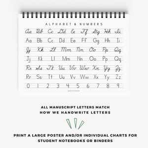 May include: A printable chart with the alphabet and numbers written in cursive handwriting. The chart includes the text "Alphabet & Numbers" and "All Manuscript Letters Match How We Handwrite Letters". The chart also includes the text "Print a large poster and/or individual charts for student notebooks or binders."