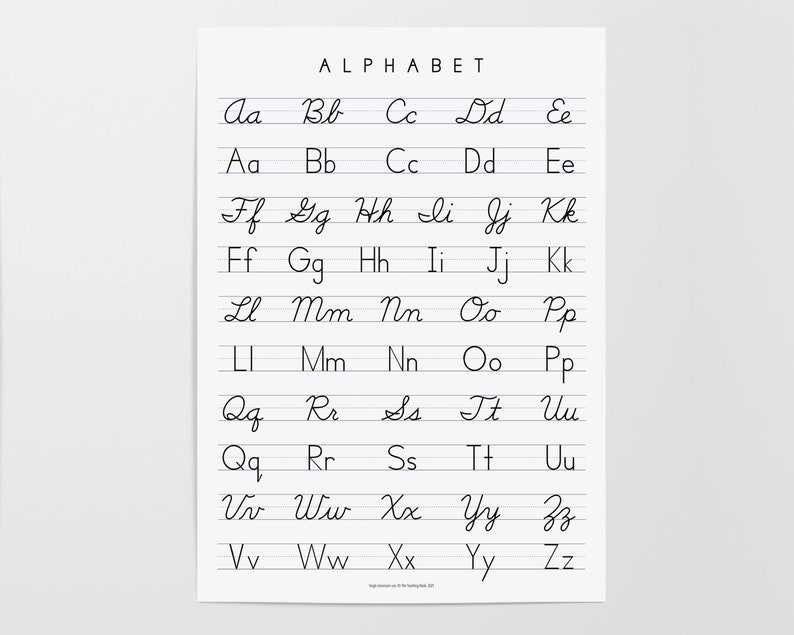 May include: A black and white printable alphabet chart with cursive letters. The chart includes both uppercase and lowercase letters. The letters are written in a cursive font.