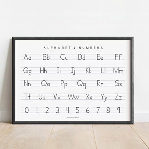 May include: Black and white alphabet and number chart with the letters A through Z and the numbers 0 through 9. The chart is framed in a black frame and is hanging on a white wall.