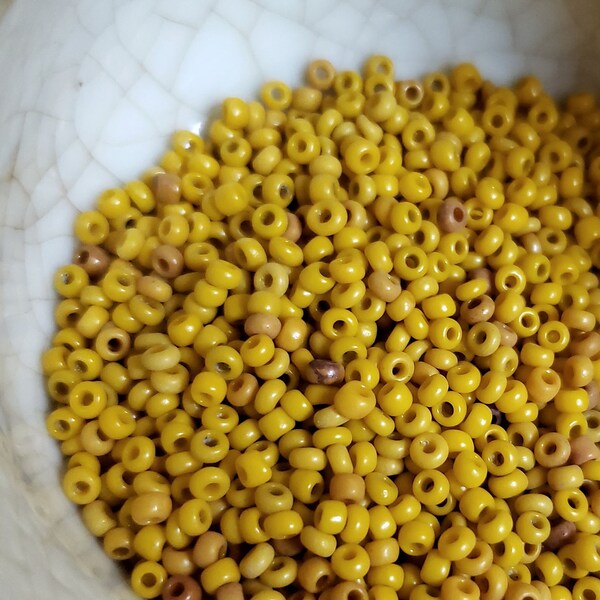 Antique Venetian Seed Bead Size 10/0, Opaque Yellow Pollen with Rust- 10 Grams