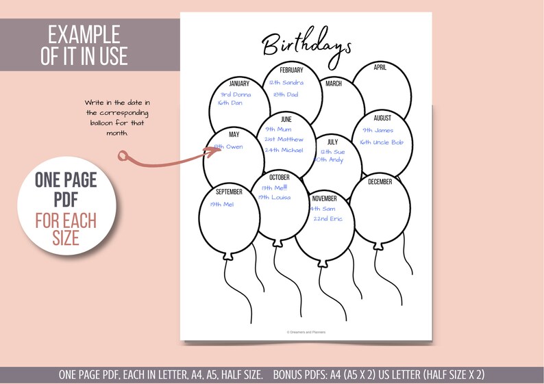BIRTHDAYS PLANNER Printable to Remember Birthday List Etsy