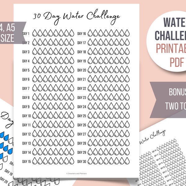 WATER CHALLENGE Printable Habit Tracker Hydration tracker Bullet Journal Printable Planner Wellness Planner - A4 A5 US Letter Half Size