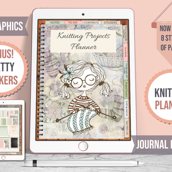 Knitting Project Planner digital goodnotes, digital knitting planner, digital tabs, digital journal goodnotes, digital knitting journal