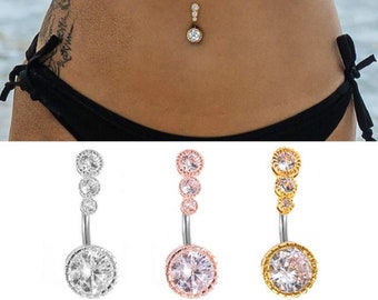 New Triple Stone Belly Bar Piercing Or Flower Design Or Heart Design Crystal Navel Ring. 3 Beautiful Different Designs Available