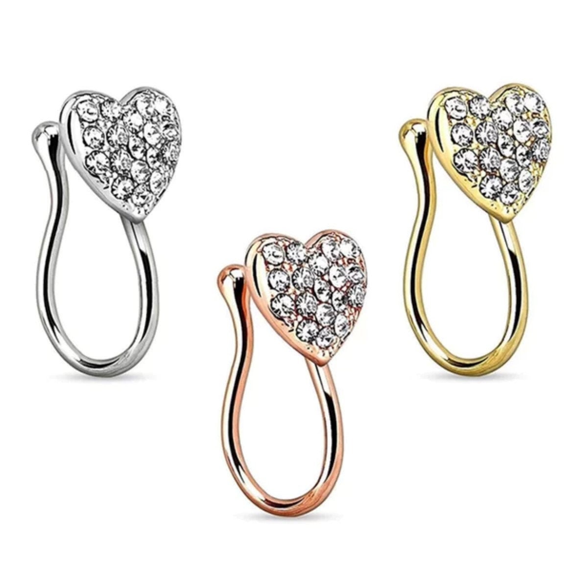 Heart with Gems Clip On Nose Ring Fake Non No Piercing 17GA 