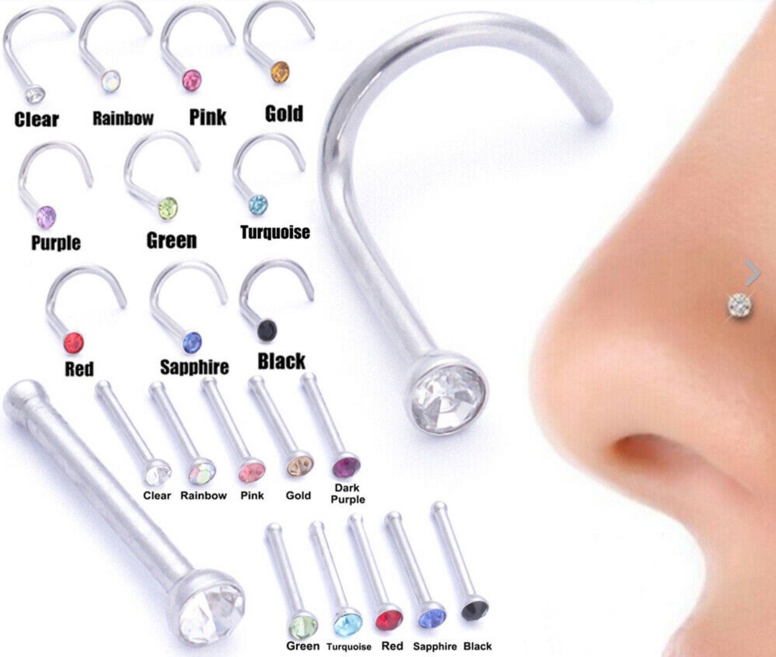 Pack of 20 Pieces Mix Color 22G Sterling Silver Foot Straight End Nose Pin Stud 