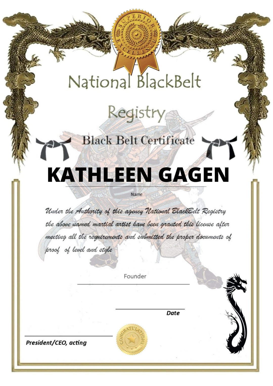 Martial Arts Certificate National Black Belt Registry Ideal Men's Gift
