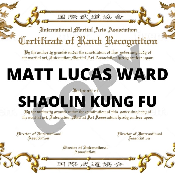 Martial Arts Certificate Shaolin Kung Fu Digital Download Novelty