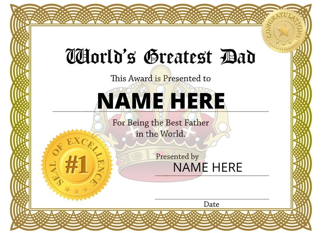 Best Father Certificate Gift Present Fathers Day Honour Worlds Etsy UK