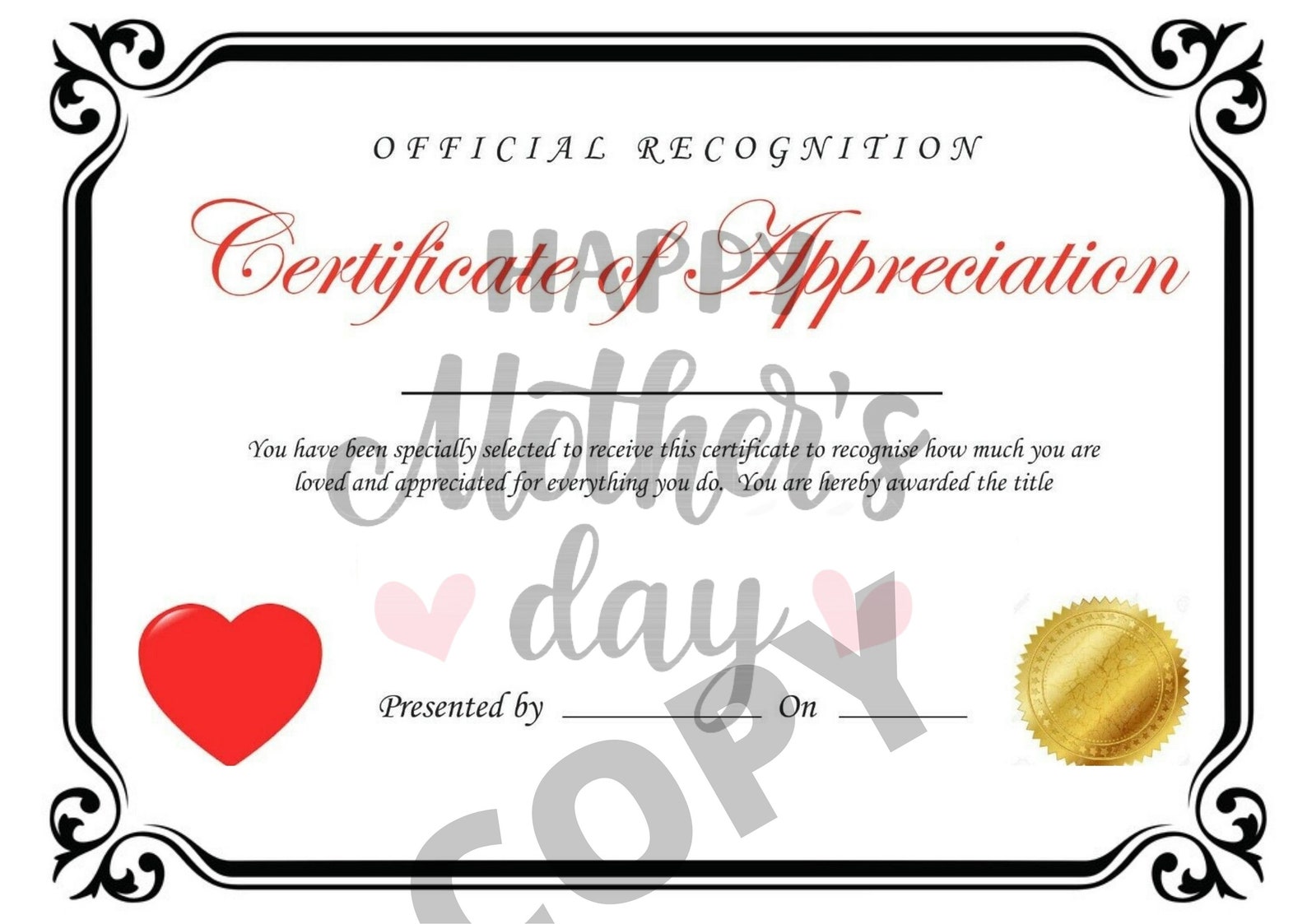 Certificate of Appreciation Mothers Day Quick Instant Digital Download