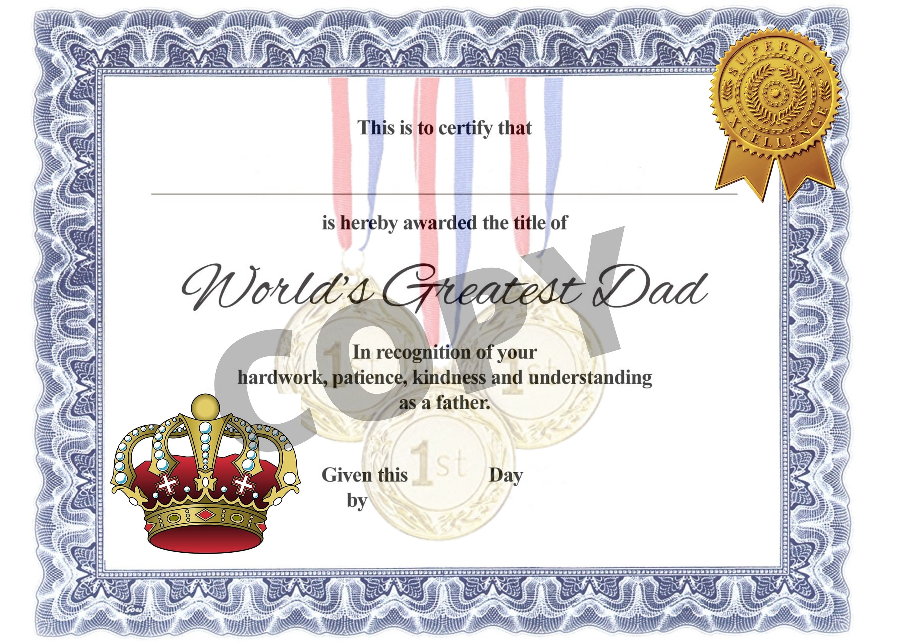 Best Father Certificate Gift Present Fathers Day Honour Worlds - Etsy