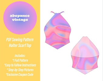 Puede incluir: Patrón de costura PDF para un top de chal halter. El patrón incluye un patrón completo, instrucciones fáciles de seguir, imágenes paso a paso y un código de cupón exclusivo.