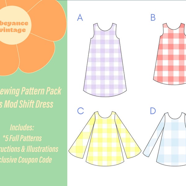 SIZE XS 60s Mod Shift Dress PDF Sewing Pattern Pack