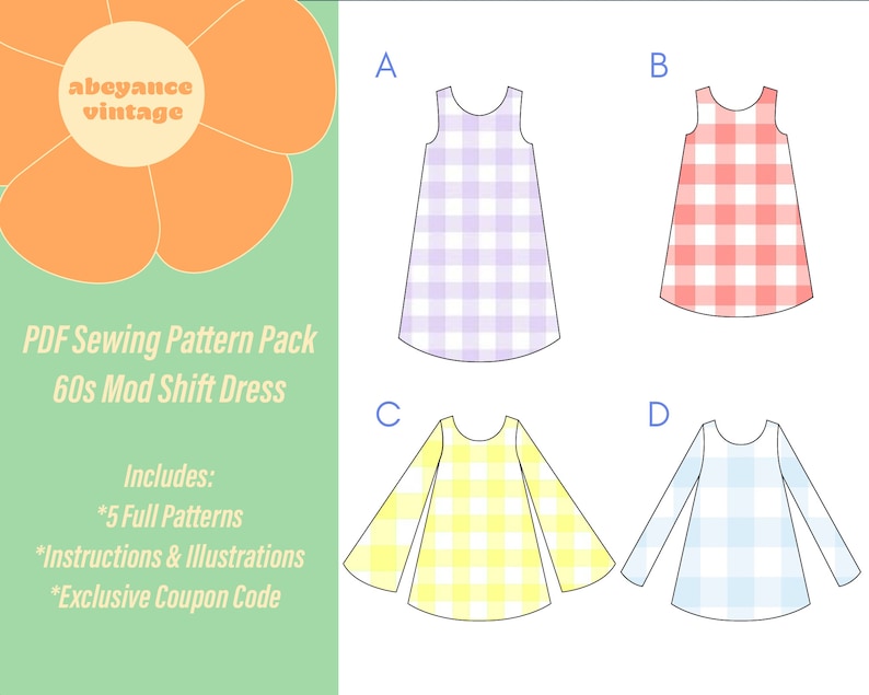 SIZE XS 60s Mod Shift Dress PDF Sewing Pattern Pack image 1