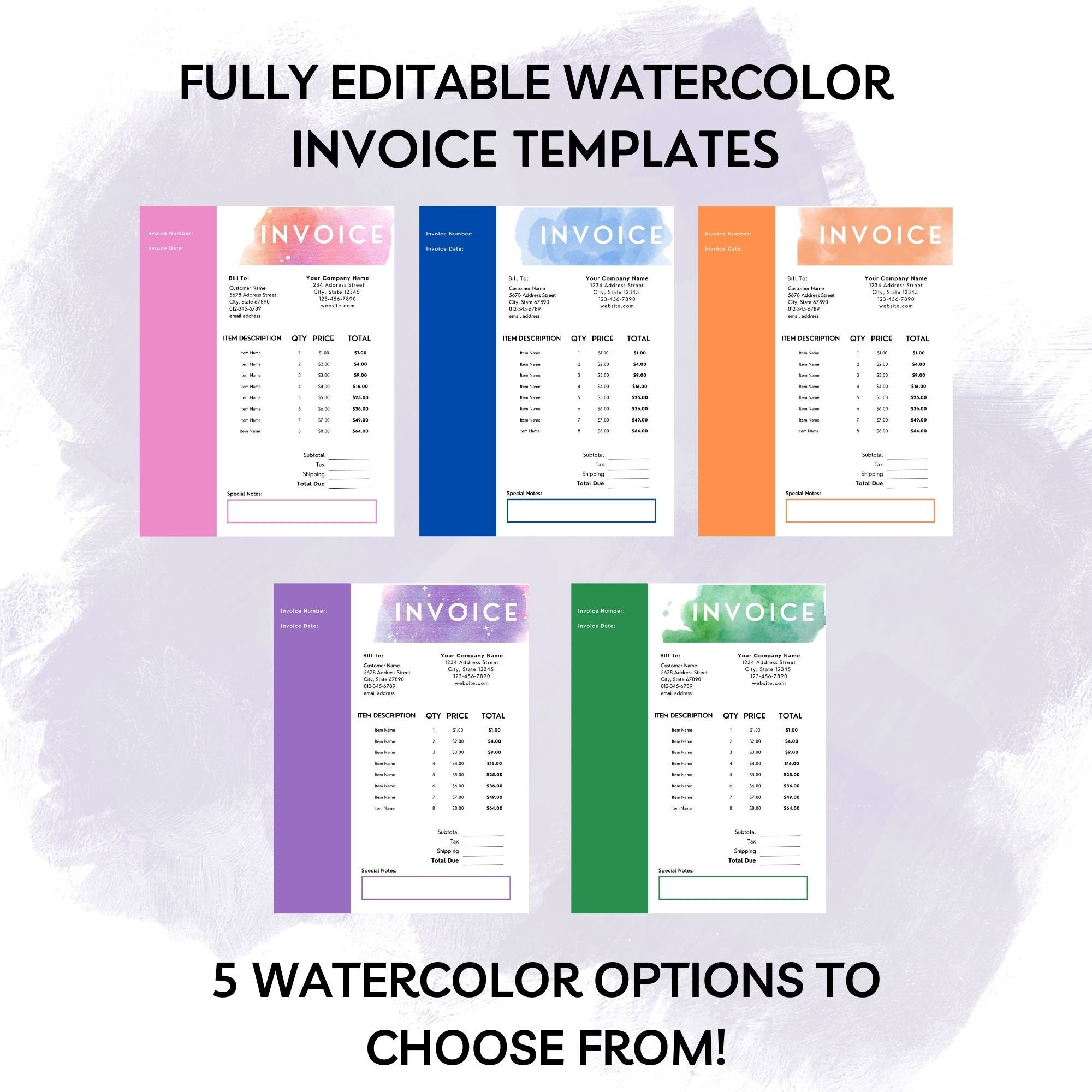 Watercolor Editable Invoice Template Instant Download Modern - Etsy