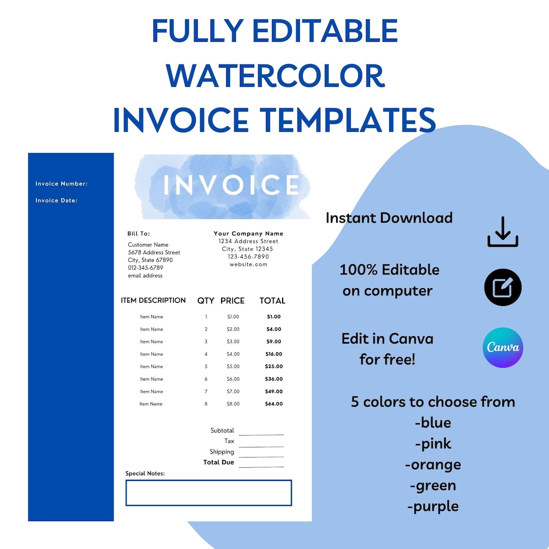 Watercolor Editable Invoice Template Instant Download Modern - Etsy