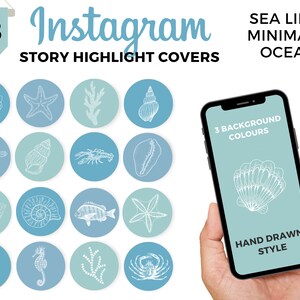 May include: Set of 28 Instagram story highlight covers featuring hand-drawn illustrations of sea life, including a starfish, seashell, crab, and seaweed. The covers are in a minimalist style with three background colors: blue, light blue, and teal.