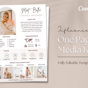 1 Page Media Kit Canva Template | Instagram Media Kit | Influencer Template | Blogger Press Kit | Facebook Tiktok Instagram Template