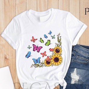 Sunflower Butterfly Shirt, Butterfly Tee, Sunflower Shirt, Mothers Day Gift, Floral Tee, Flowers Gift Shirt, Botanical Tee, Cute Sunflower