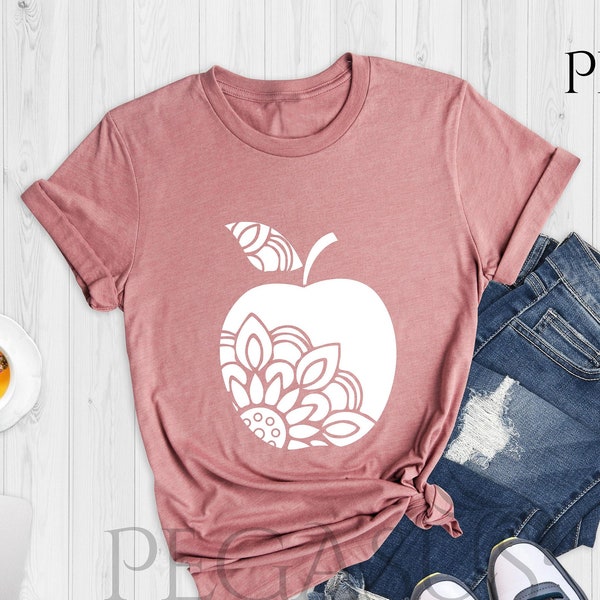 Apple Mandala Shirt, Teacher Apple Shirt, Teaching Tees, Back to School Shirt, Apple Flower Shirt, Mandala Design Fall T-shirt, Apple Shirt