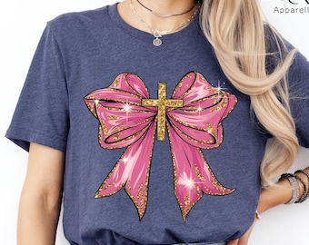 Cross Coquette Bow Shirt, Christian Shirt, Gift For Christian, Pink Bow Shirt, Religious Women Gift, Coquette Bow Valentine, Jesus Valentine