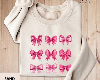 Pink Bow Sweatshirt, Valentines Gift, Trendy Ribbon Crewneck, Valentine's day Shirt, Cute Ribbon Shirt, Womens Ribbon Tee, Coquette Tee