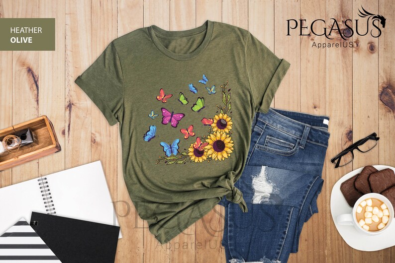 Sunflower Butterfly Shirt, Butterfly Tee, Sunflower Shirt, Mothers Day Gift Shirt, Floral Tee, Flowers Gift Shirt, Botanical Tee, Cute Sunflower Gift