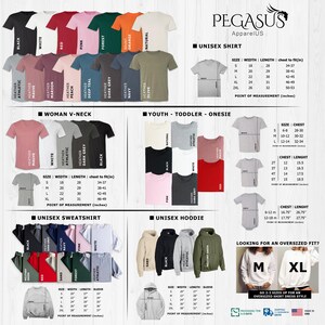 May include: A chart showing different apparel styles and colors, including unisex shirts, women's v-neck shirts, youth and toddler onesies, unisex sweatshirts, and unisex hoodies. The chart also includes size charts for each style, with measurements in inches.