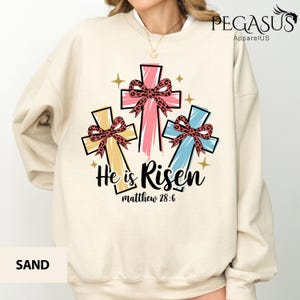 He Is Risen Easter Shirt, Coquette Easter Cross Sweatshirt, Jesus Easter Shirt, Easter Shirt For Women, Easter Gift, Christian Gift