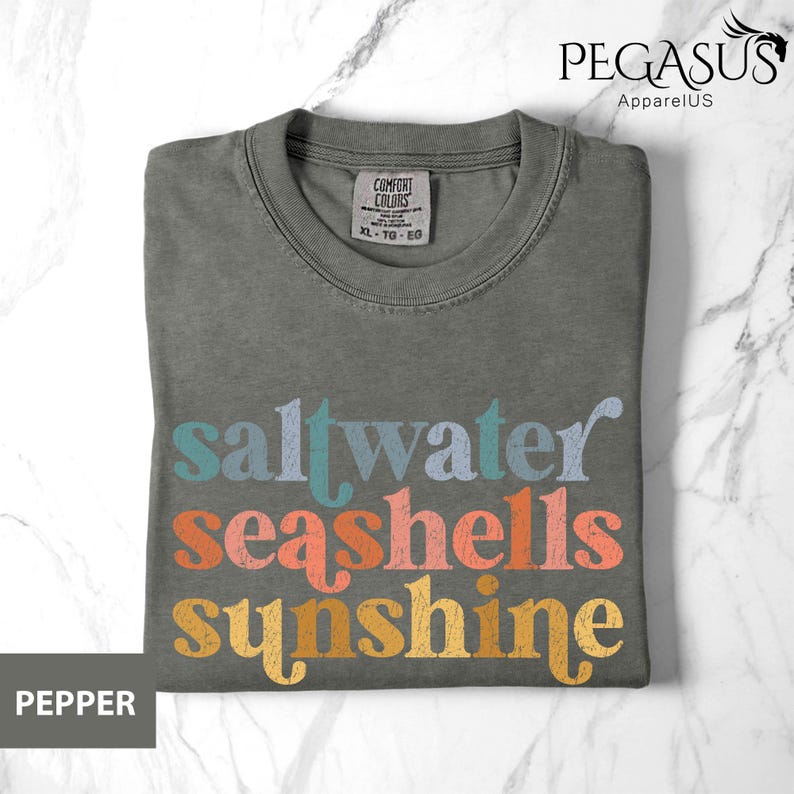 May include: A gray t-shirt with the words "saltwater seashells sunshine" in colorful, retro-style lettering. The shirt has a crew neck and a tag that reads "Comfort Colors". The shirt is a size XL-TG-EG.