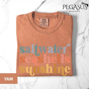 May include: A folded yam-colored t-shirt with the words "saltwater seashells sunshine" in colorful text. The shirt has a crew neck and a tag that reads "Comfort Colors". The Pegasus ApparelUS logo is in the upper right corner.
