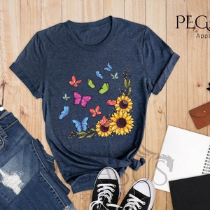 Sunflower Butterfly Shirt, Butterfly Tee, Sunflower Shirt, Mothers Day Gift Shirt, Floral Tee, Flowers Gift Shirt, Botanical Tee, Cute Sunflower Gift