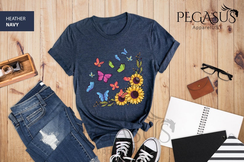 Sunflower Butterfly Shirt, Butterfly Tee, Sunflower Shirt, Mothers Day Gift Shirt, Floral Tee, Flowers Gift Shirt, Botanical Tee, Cute Sunflower Gift