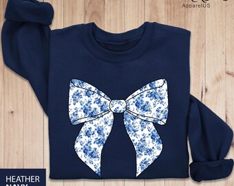 Toile De Jouy Coquette Bow, Blue Ribbon Sweatshirt, Girly Aesthetic Crewneck, Cute Coquette Bow Shirt, Toile Blue Bow Sweat, Gift For Mom