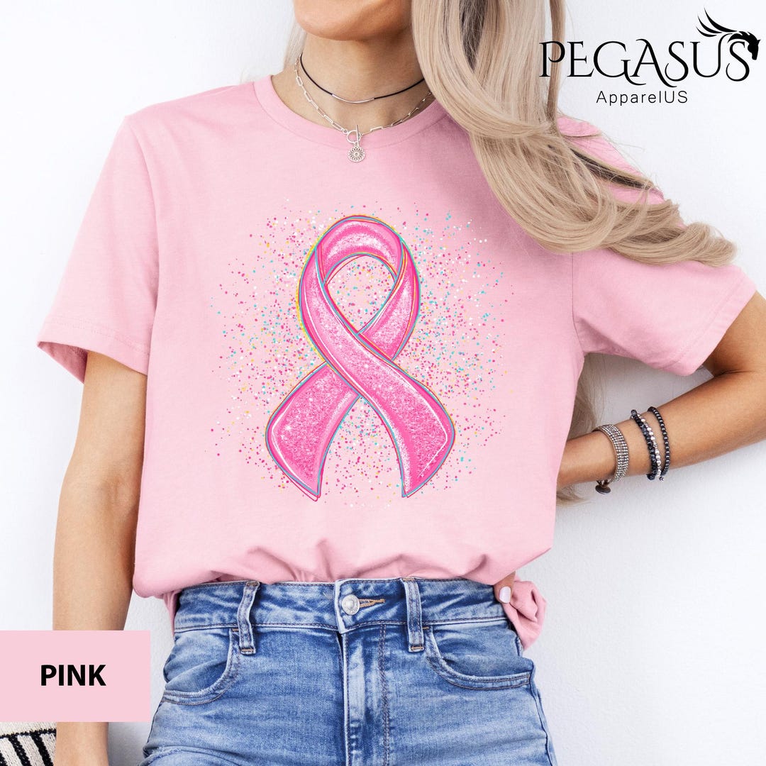 Pink Ribbon Breast Cancer Awareness Shirt, Glitter Effect Support T ...