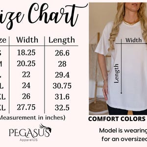 May include: A white t-shirt with a size chart showing measurements in inches. The chart lists sizes S to 3XL, with widths from 18.25 to 27.75 inches and lengths from 26.6 to 32.5 inches. The shirt is from COMFORT COLORS 1717.