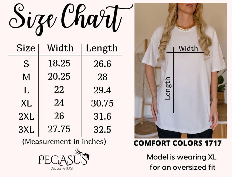 May include: A white t-shirt with a size chart showing measurements in inches. The chart lists sizes S to 3XL, with widths from 18.25 to 27.75 inches and lengths from 26.6 to 32.5 inches. The shirt is from COMFORT COLORS 1717.