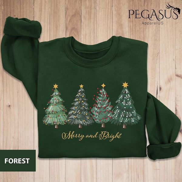 Merry and Bright Trees, Women's Christmas Sweater, Holiday Shirt, Christmas Gift, Chic Winter Shirt, Cute Holiday Tee, Christmas Tree Shirt