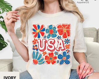 Comfort Colors® Vintage Floral USA Shirt, Patriotic Shirts, Independence Shirt, 4Th July For Women, 4Th Of July Flag, Boho Floral USA Tshirt