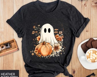 Floral Ghost Halloween Shirt, Pumpkin Fall Shirt, Boho Spooky Season T-Shirt, Retro Ghost Floral Tee, Funny Halloween T-Shirt, Spooky Season