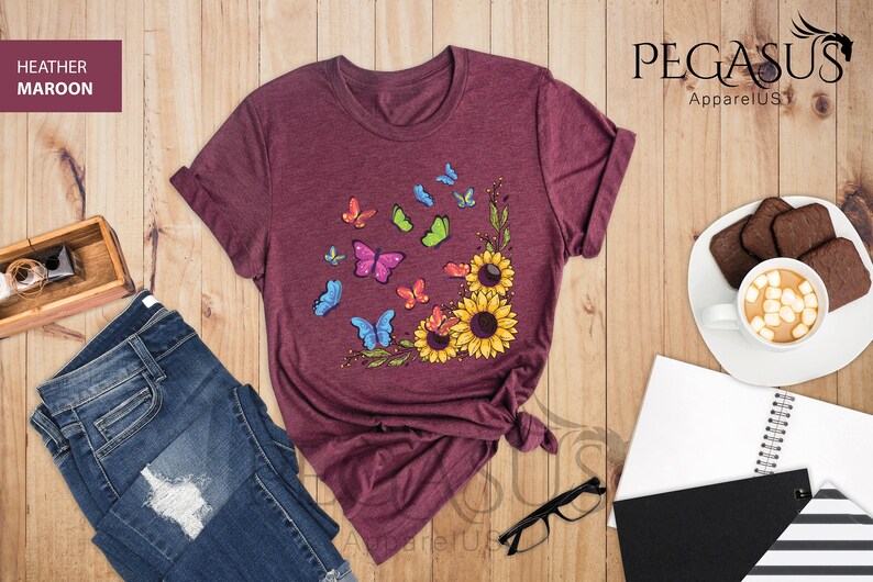 Sunflower Butterfly Shirt, Butterfly Tee, Sunflower Shirt, Mothers Day Gift Shirt, Floral Tee, Flowers Gift Shirt, Botanical Tee, Cute Sunflower Gift