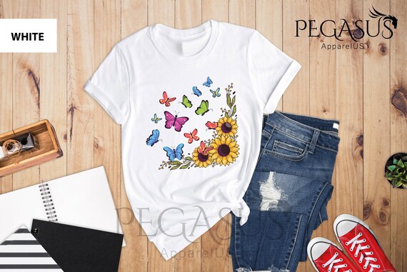 Sunflower Butterfly Shirt, Butterfly Tee, Sunflower Shirt, Mothers Day Gift, Floral Tee, Flowers Gift Shirt, Botanical Tee, Cute Sunflower