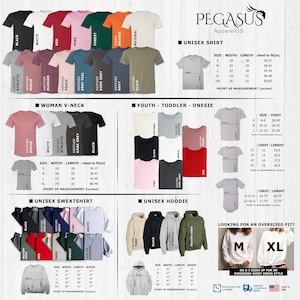 May include: A chart showing different apparel styles and colors, including unisex shirts, women's v-neck shirts, youth and toddler onesies, unisex sweatshirts, and unisex hoodies. The chart also includes size charts for each style, with measurements in inches.