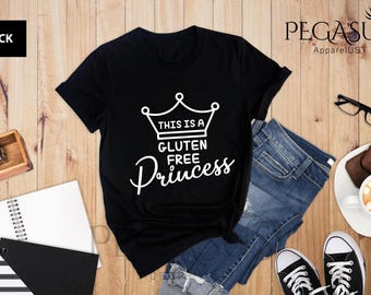 May include: Black t-shirt with a white crown and the text "This is a Gluten Free Princess".